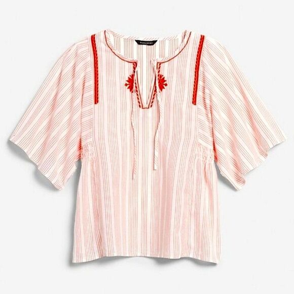 Banana Republic Boho Red Stripe Wide Sleeve Embroidered Blouse with Tie Front - Picture 1 of 15